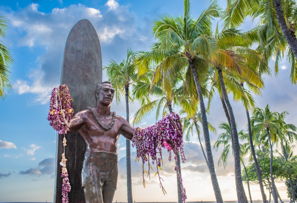 Leis adorn the Duke Kahanmoku Statue in Waikiki Oahu